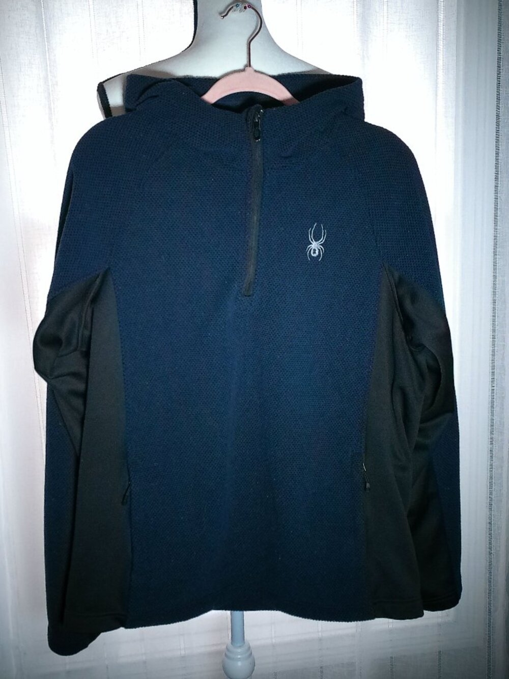 SPYDER Men's Hooded Sweatshirt Lg Slve 1/4 Zip-Up Navy Blue & Black Two Tone L